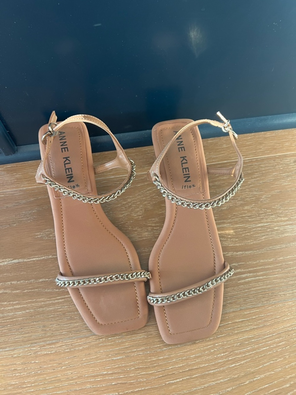 Anne Klein Tan Leather Sandals with Gold Chain Detail